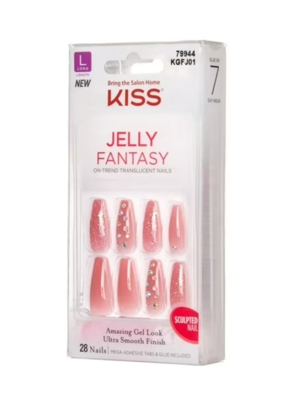 KISS Jelly Fantasy Long Pink Coffin Nails – 28 Count w/ Jeweled Accents - Picture 3 of 13